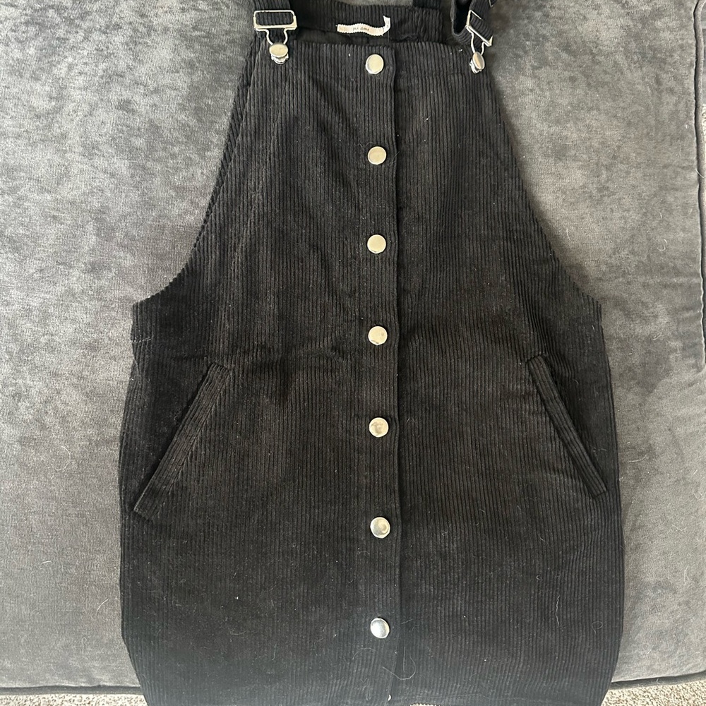 Black Corduroy Jumpsuit Dress with Front Buttons
